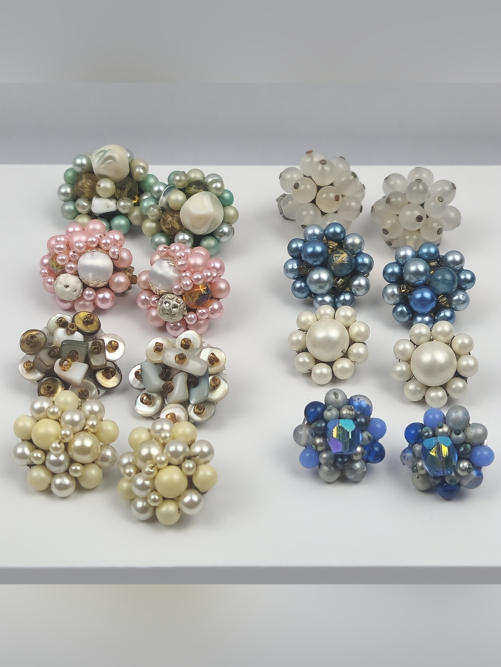 Vintage Cluster Earrings - Faux Pearl/Beaded Clip-Ons - Multi Color - JAPAN